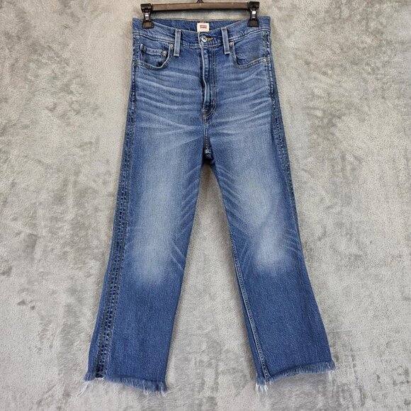 Levi's Jeans Womens 28 Blue Denim Cropped Straight Raw Hem Frayed Stretch Y6867 - Picture 1 of 11